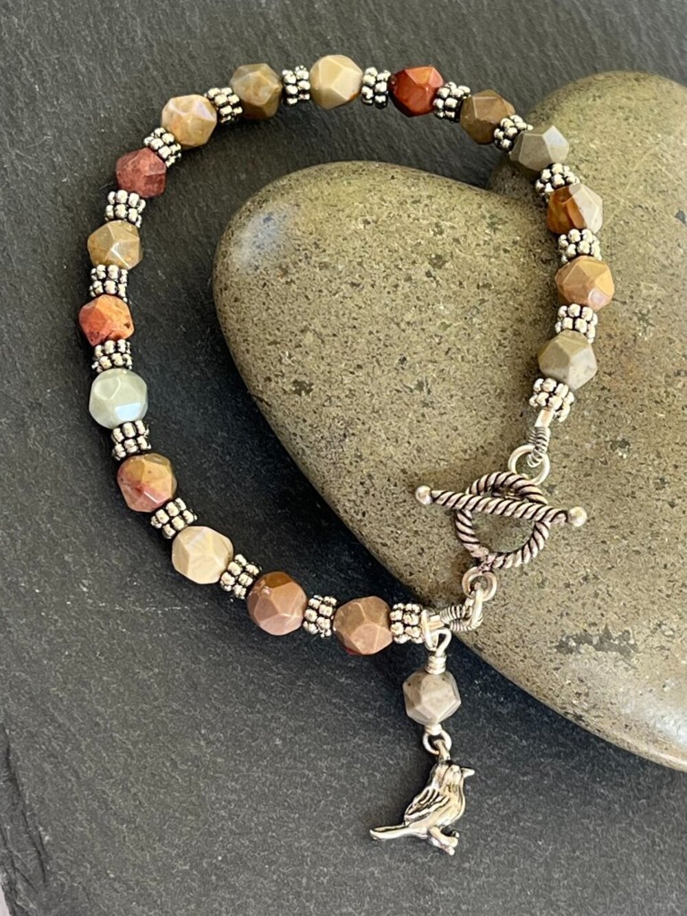 American Picture Jasper Gemstone Bracelet | Natural Stone Boho Silver Bracelet